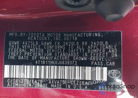2018 Toyota Camry Se from USA, damaged, VIN 4T1B11HK0JU639373